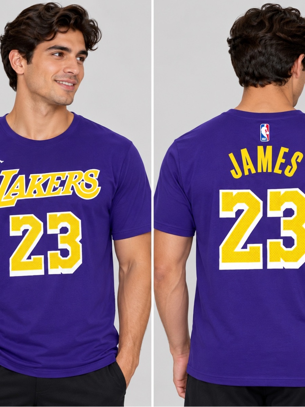 Nike Lakers LeBron James #23 Purple and Yellow T-Shirt